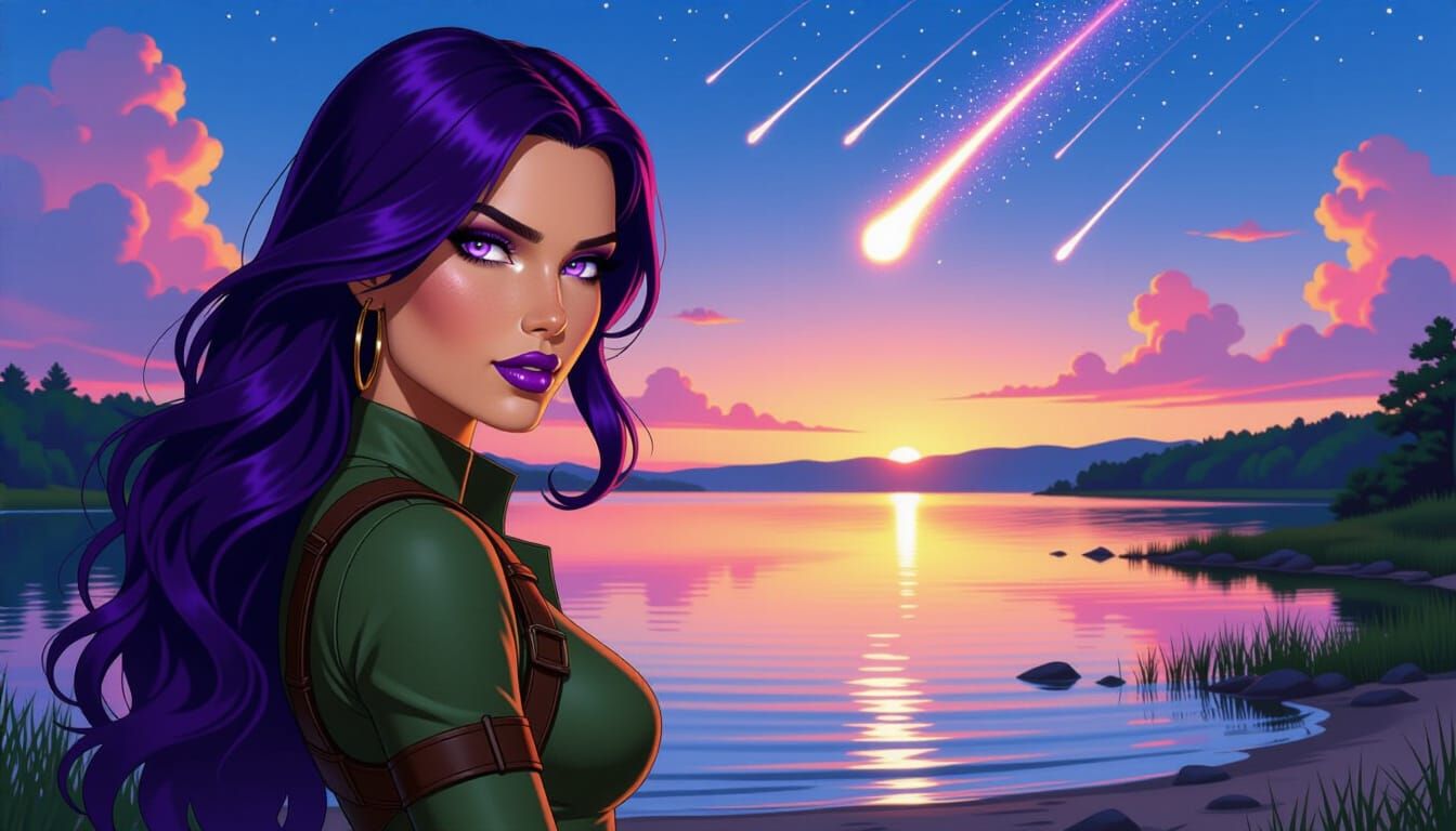 Purple Haired Woman Watching Jurassic Meteor Shower