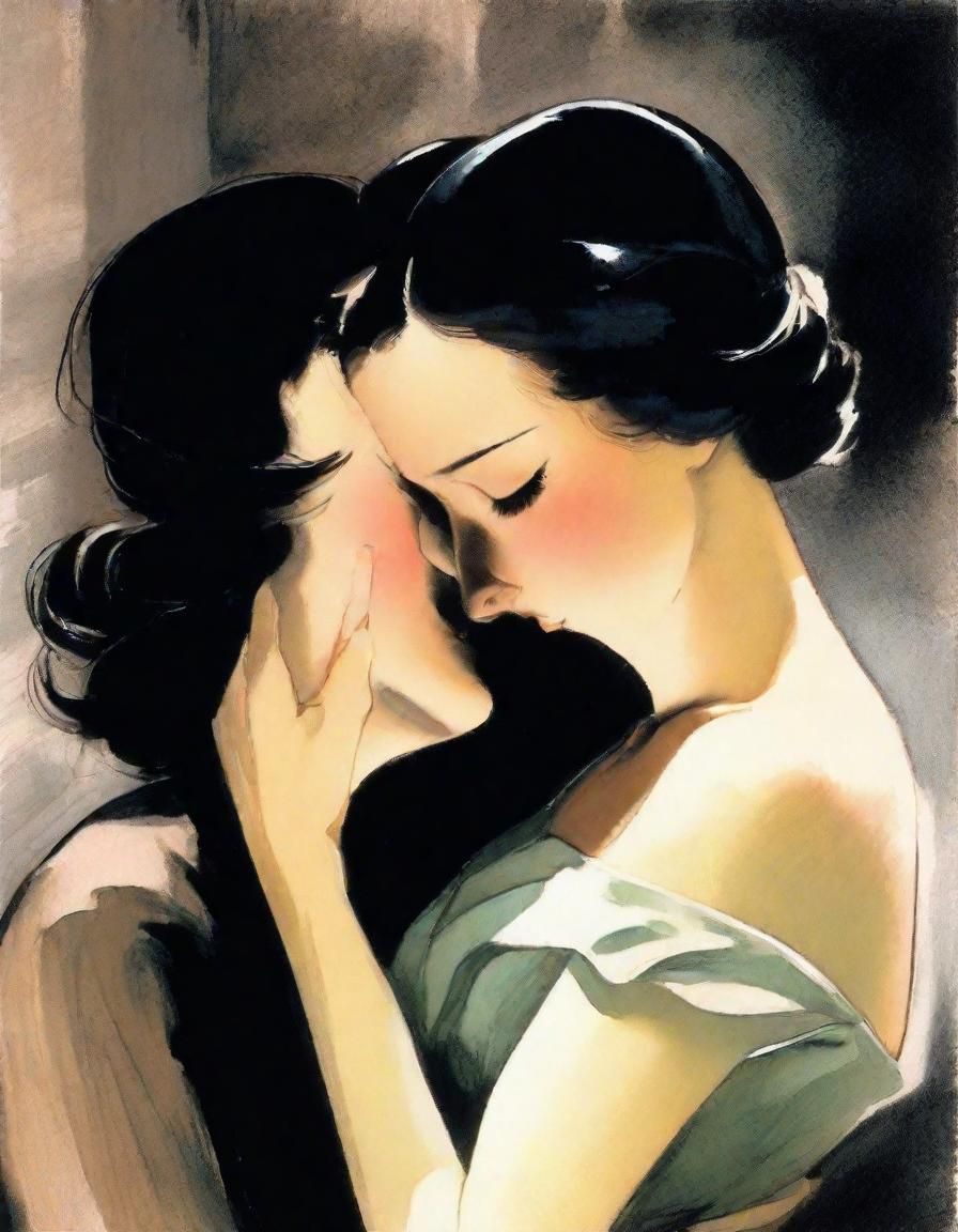 art by Takabatake Kasho, two beautifully elegant women tenderly hugging faces inches apart, breathing each other's air, ...