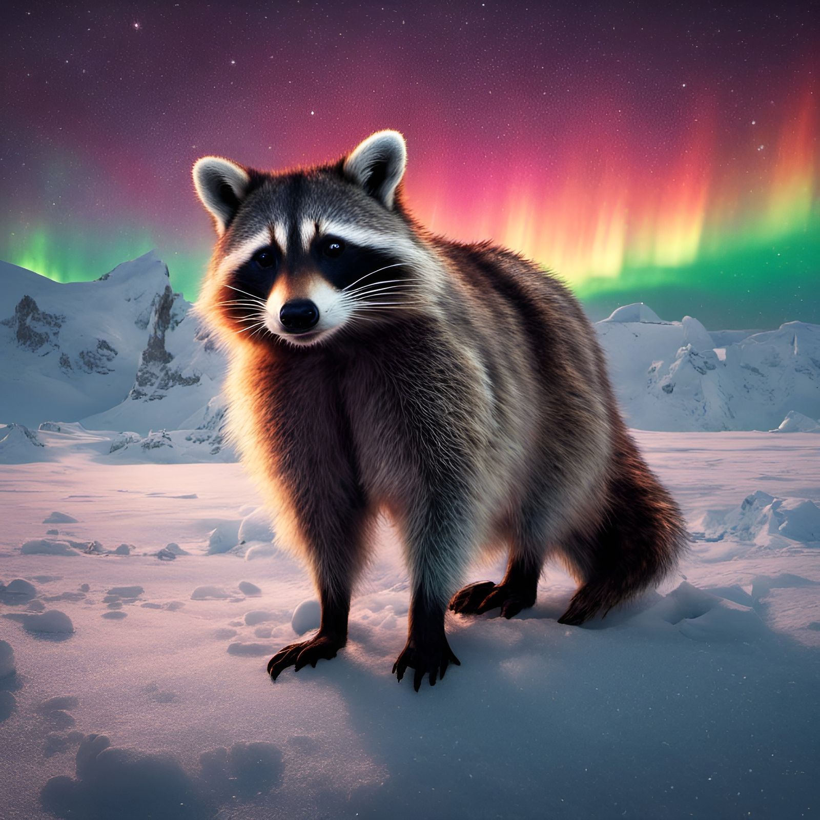 A raccoon in Antarctica amid the aurora borealis