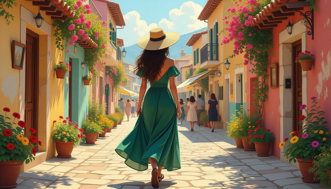 Art Nouveau Woman in Mediterranean Town