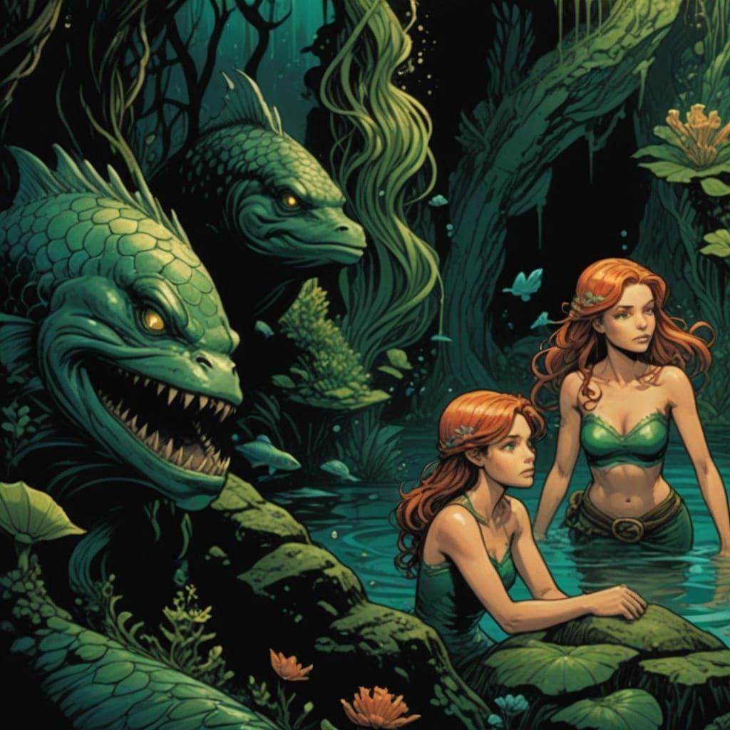 Vibrant Comic Book Cover Art in a Mermaid Lagoon Setting