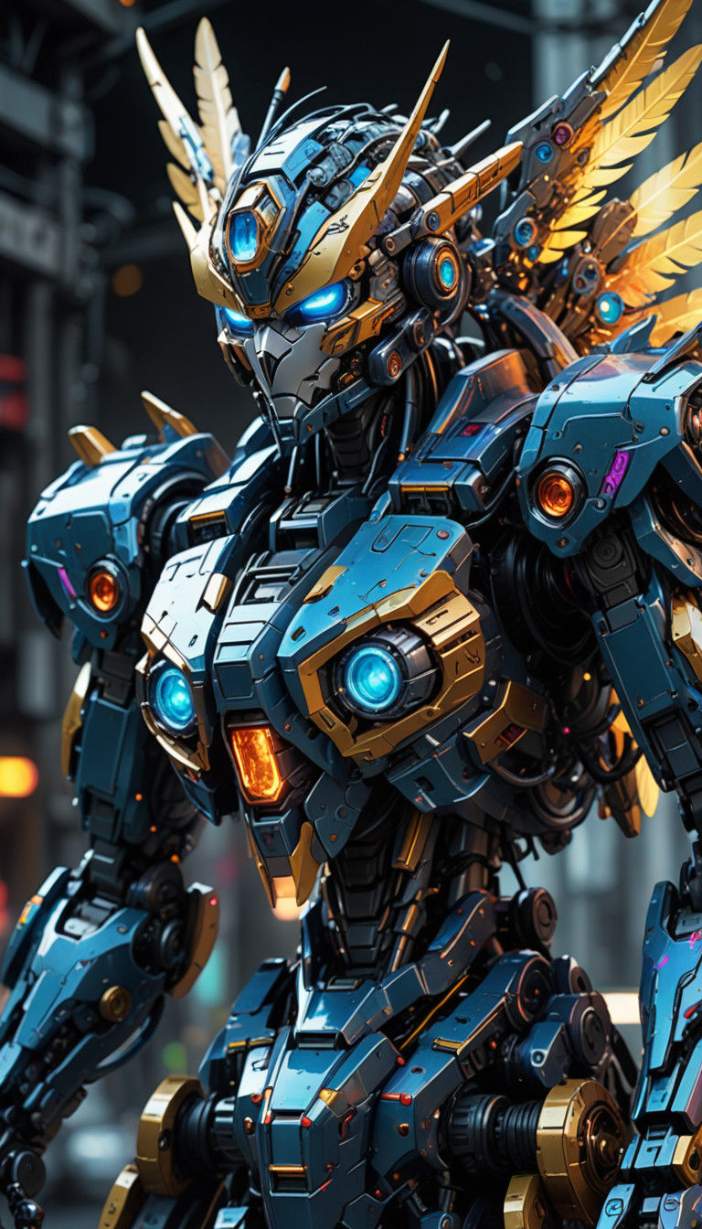 Vibrant Digital Mecha Sculpture with Iridescent Sheen