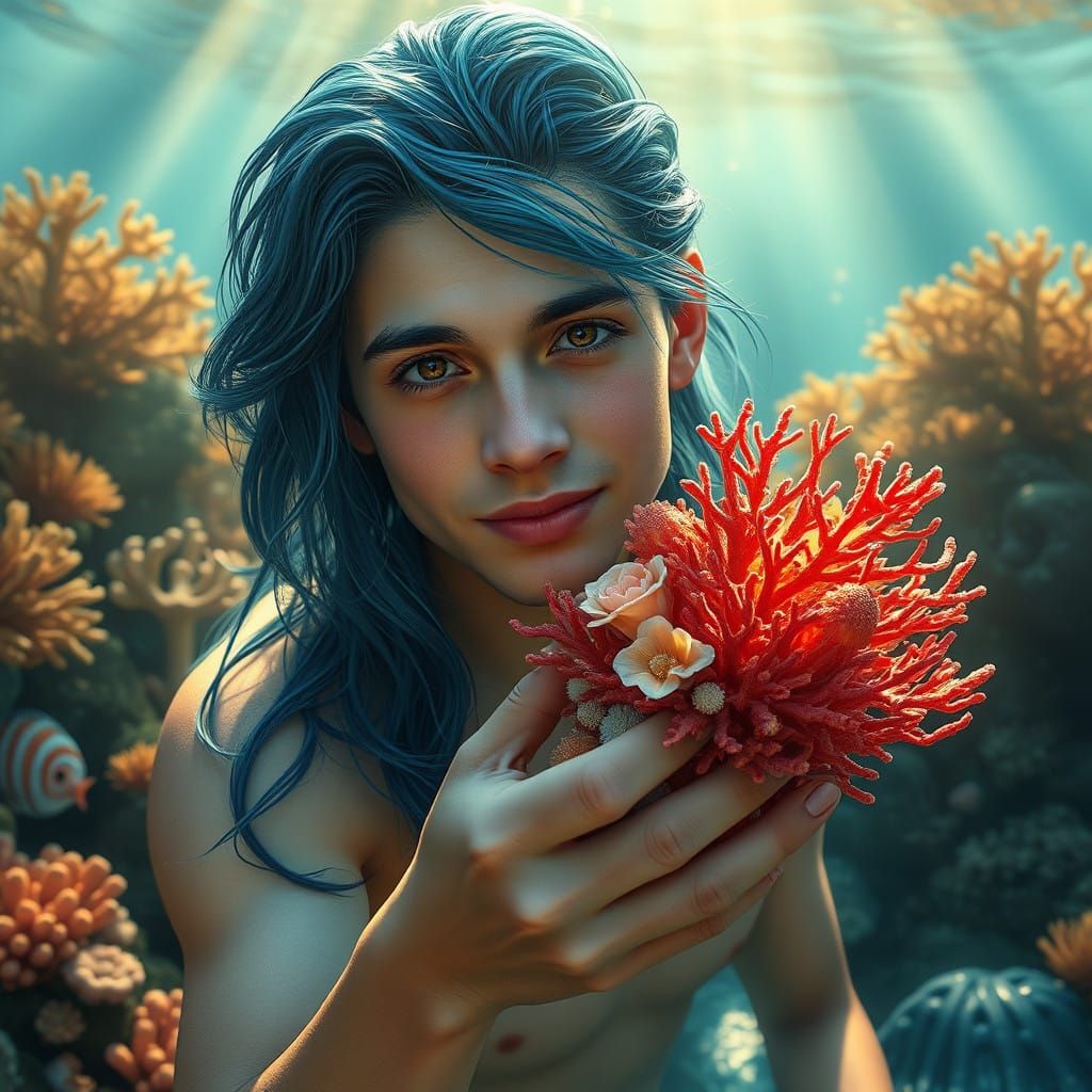 Enchanting Merman Offers Bouquet in Tropical Reef Paradise