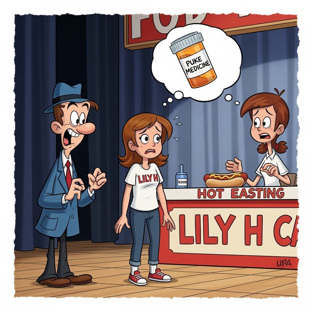 Teen Girl Nervous at Hot Dog Contest, Comedy Cartoon Style