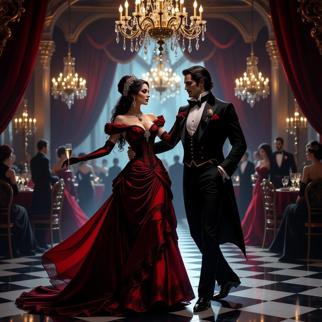 Vampire Couple Waltzing at Gothic New Year's Eve Ball