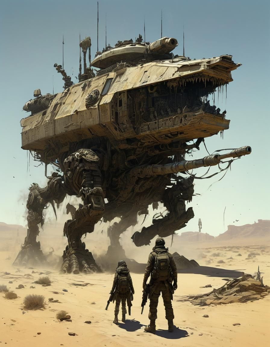 Apocalyptic Tank in Desert Heat, Inspired by Doré
