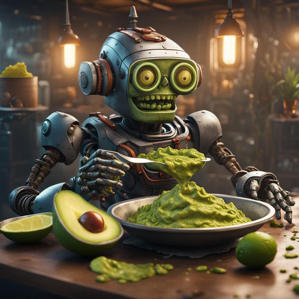 Robot's Delight: Guacamole Feast in Detailed Painting