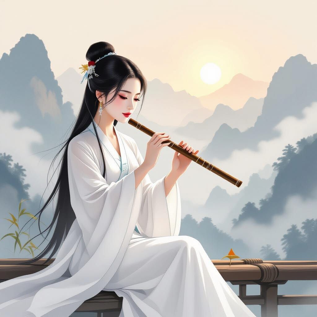 Vietnamese Woman in Ao Dai Plays Flute at Sunrise