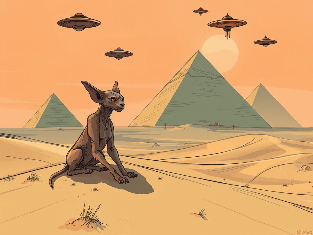 Majestic Alien Sphynx Surrounded by Ancient Pyramids in a Do...