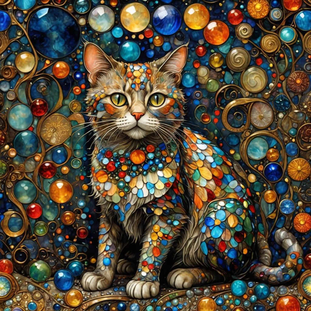 Blown Glass Cat Across the Universe, Klimt-esque Style