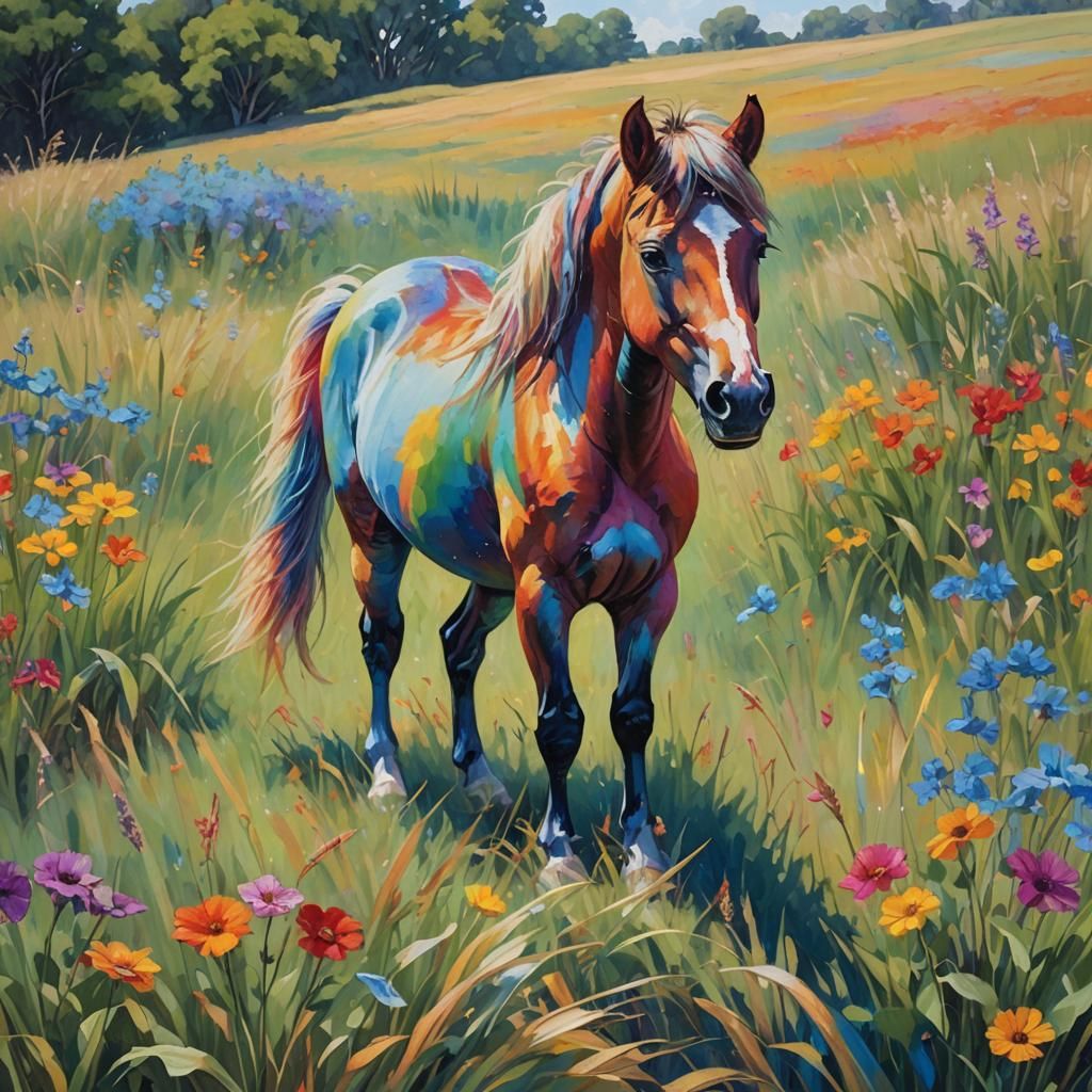 Rainbow Pony in Field, Impressionist Oil Painting