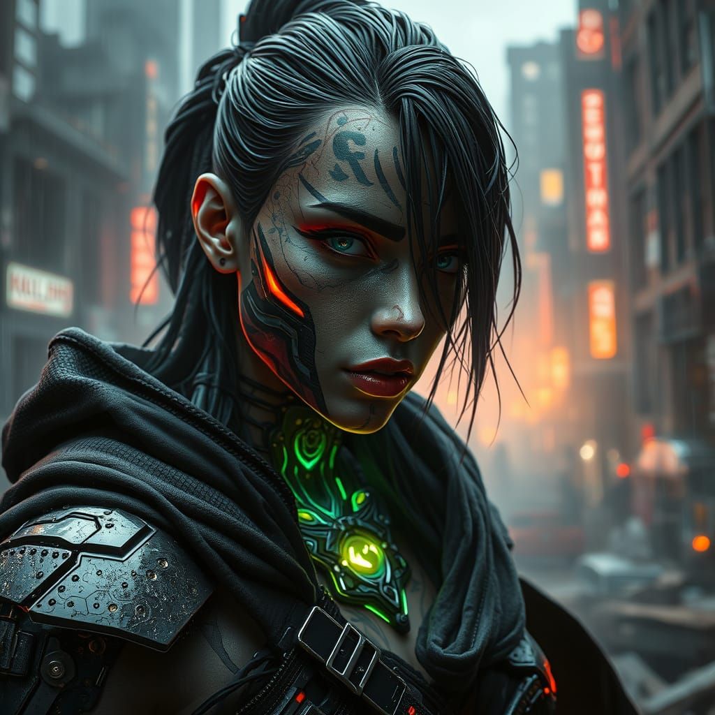 Cyborg Ninja in Ruined City, Cyberpunk Digital Art