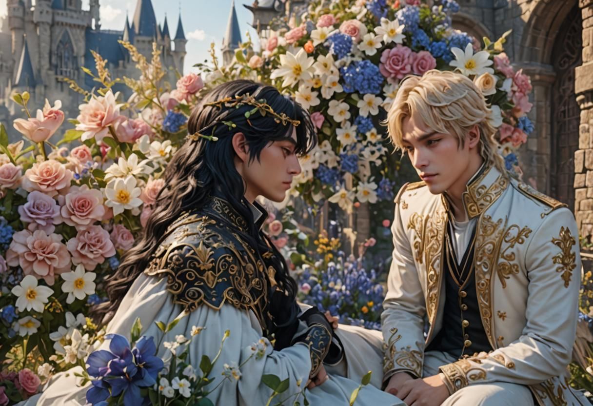 Romantic Kiss Between Princes in a Fantasy Castle