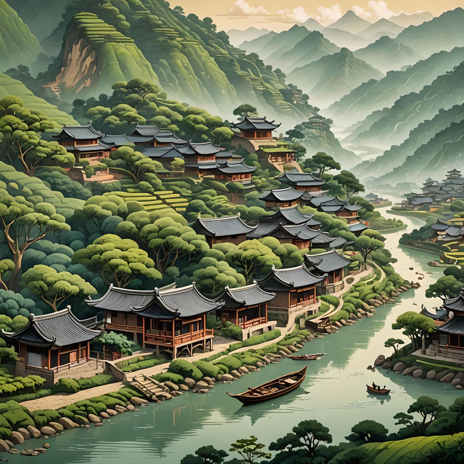Chinese Village and Tea Plantation in Guohua Style