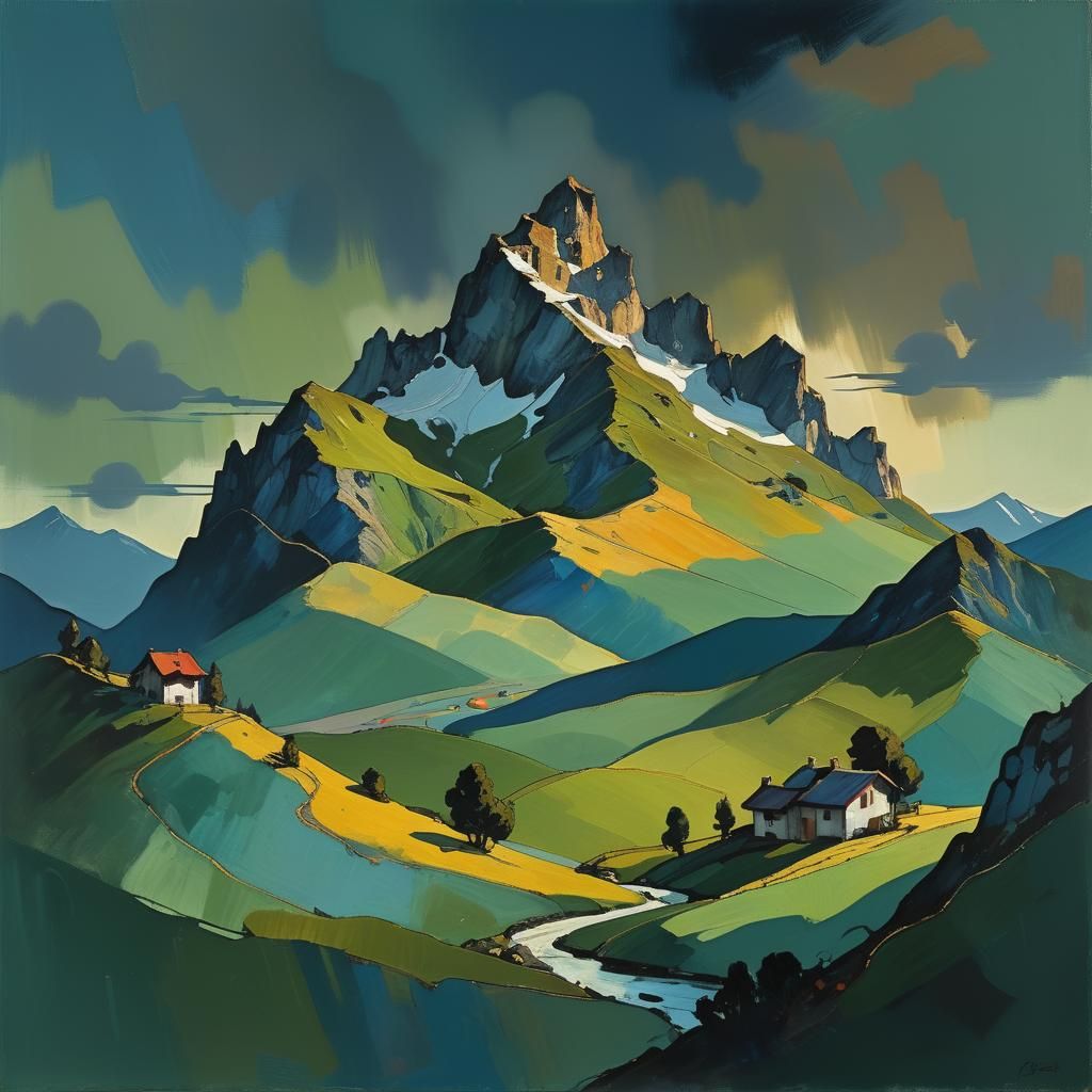 Expressionist Mountain Landscape with Dramatic Lighting