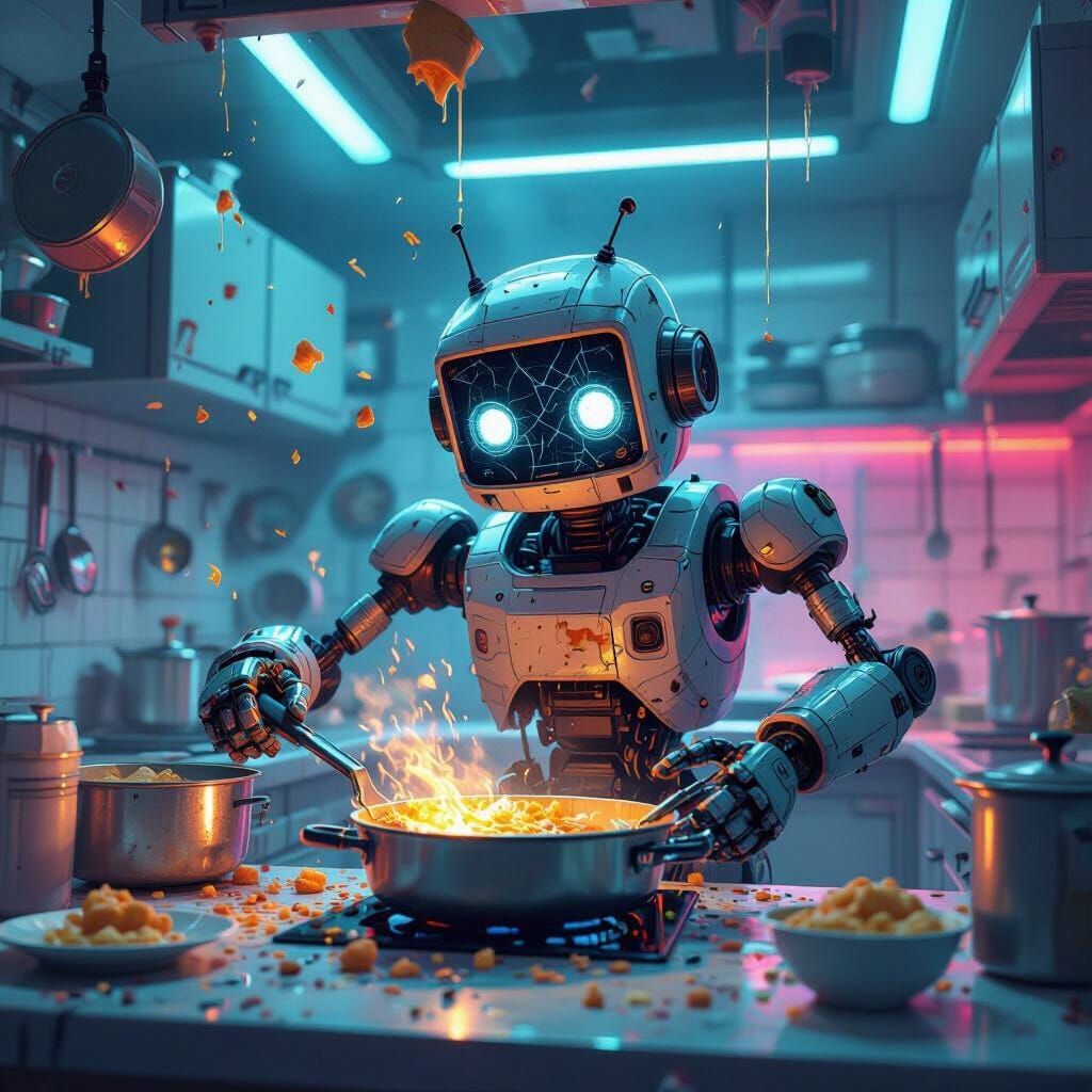 Robot Chef Chaos in Futuristic Kitchen Digital Painting