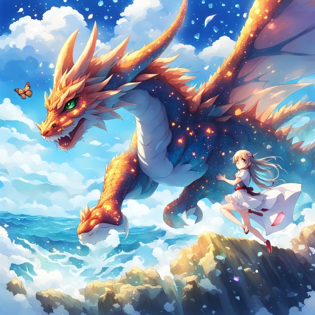 Anime Dragon and Butterfly Soaring on Ocean Wave