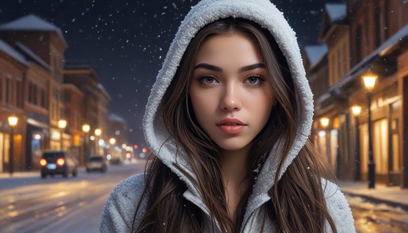 Glowing Portrait of a Snowy Nighttime Scene with a Beautiful...