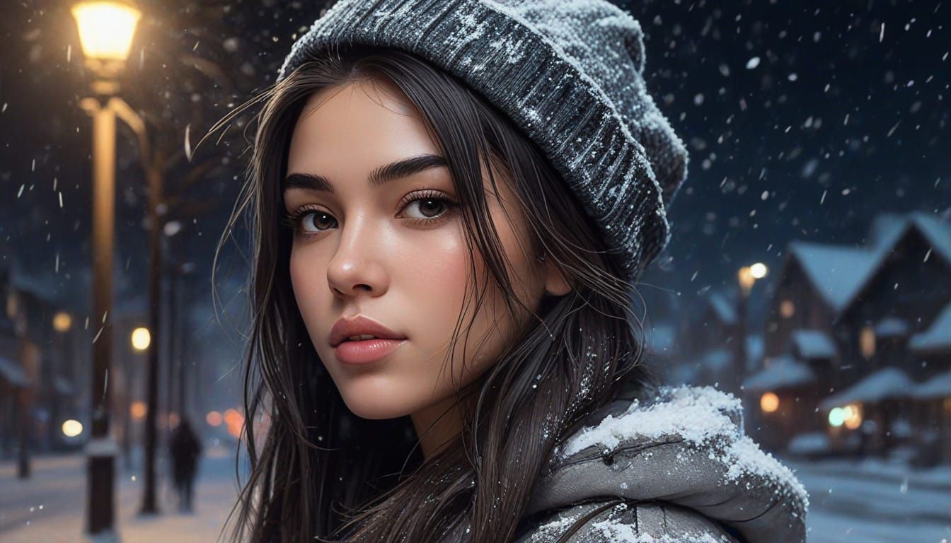 Enchanted Snowy Nighttime Portrait in Splash Art Style