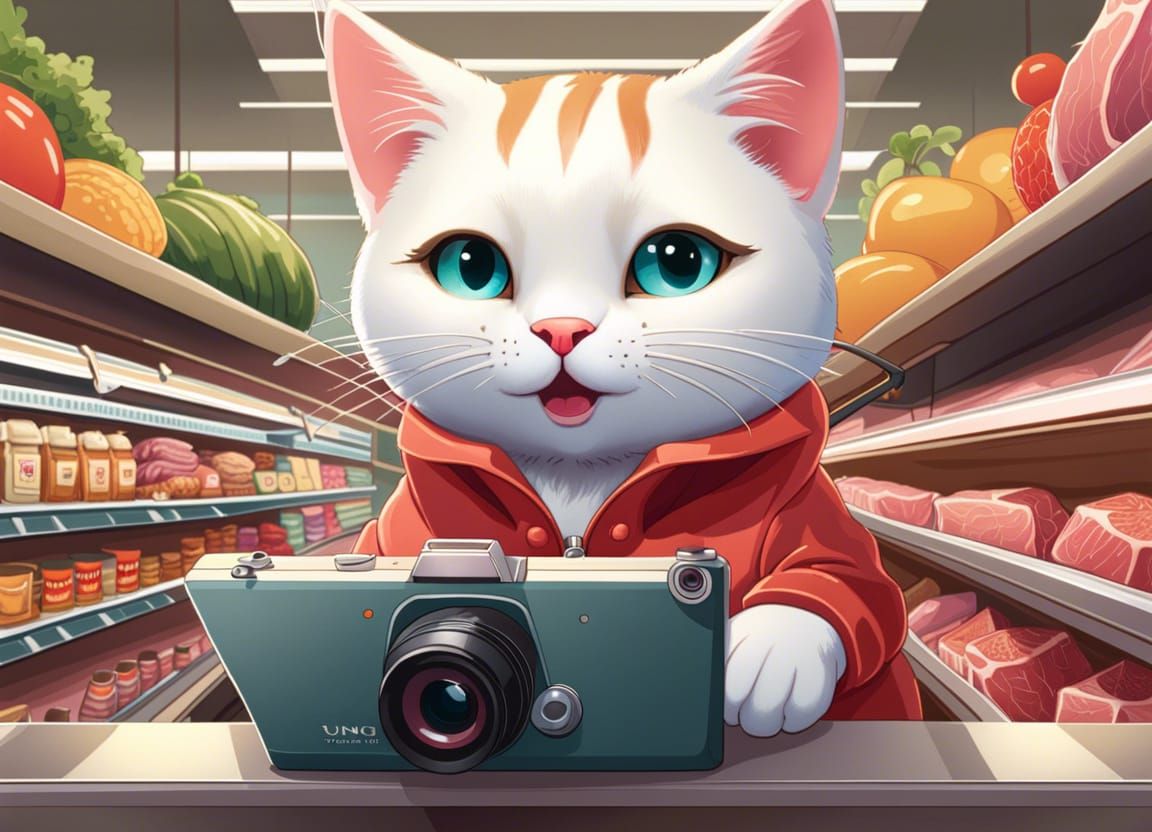 Anthropomorphic Cat in Supermarket, Watercolor Storybook Sty...