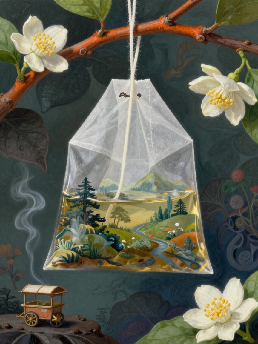 Enormous Glass Teabag With Landscape, Digital Painting