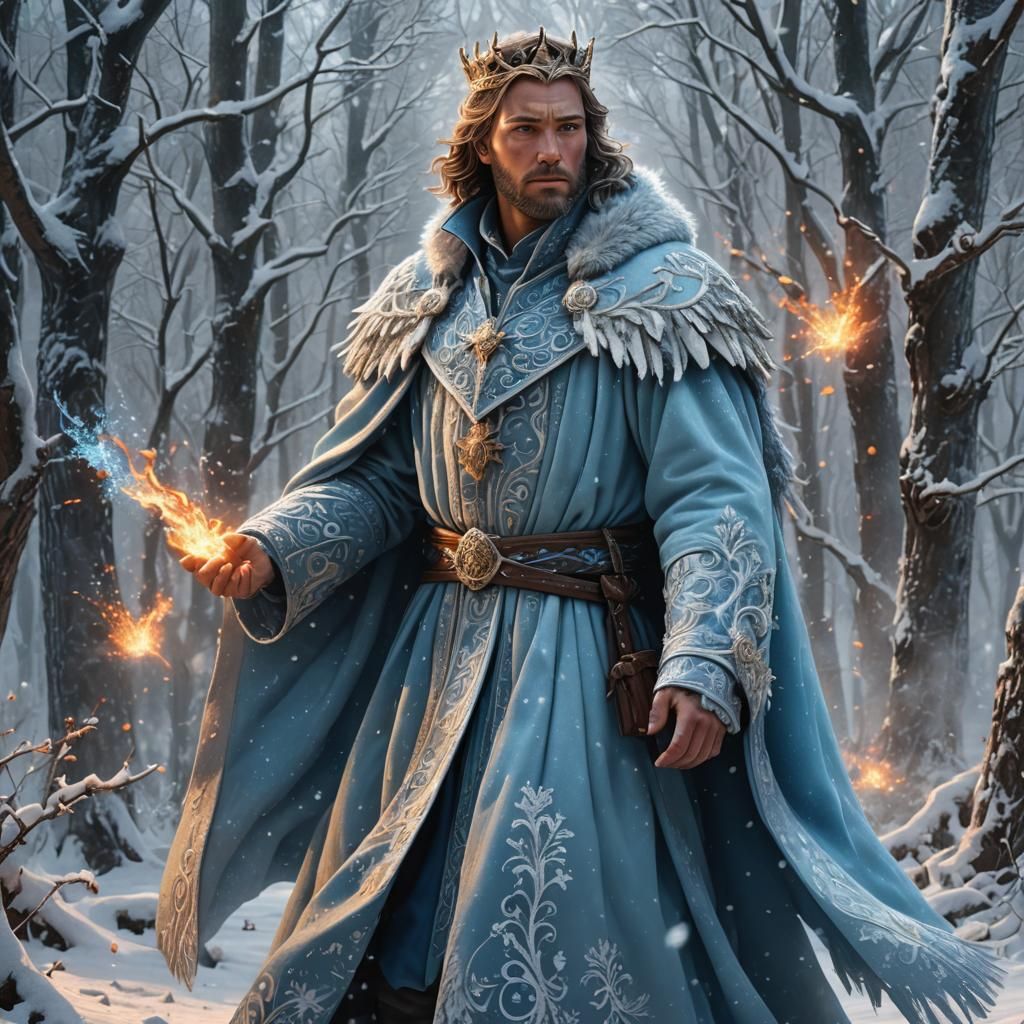 King Wielding Fire Magic in Snow Forest