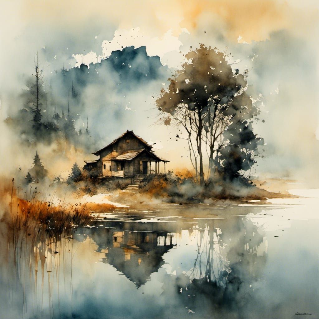 Misty Lakeside Village Watercolor in Guido Borelli Style