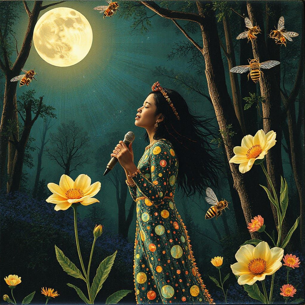 Exile Rebel Sings in Forest Under Moonlight, Bio Art Collage