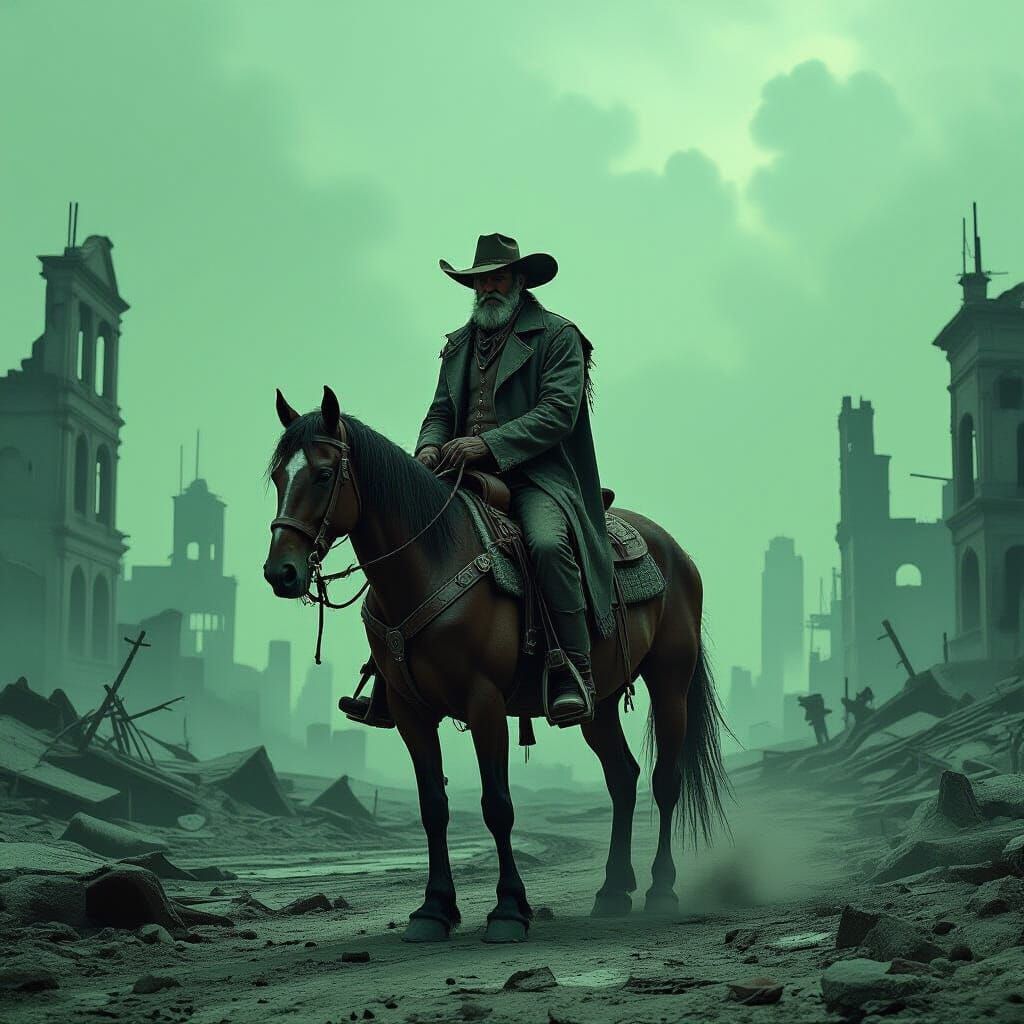Post-Apocalyptic Cowboy Rides Through Ruined City