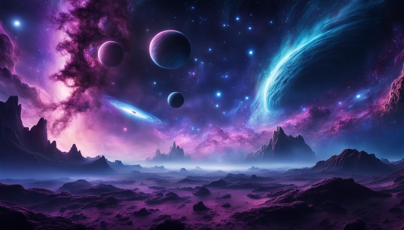 Vibrant Cosmic Landscape with Swirling Nebula and Celestial...