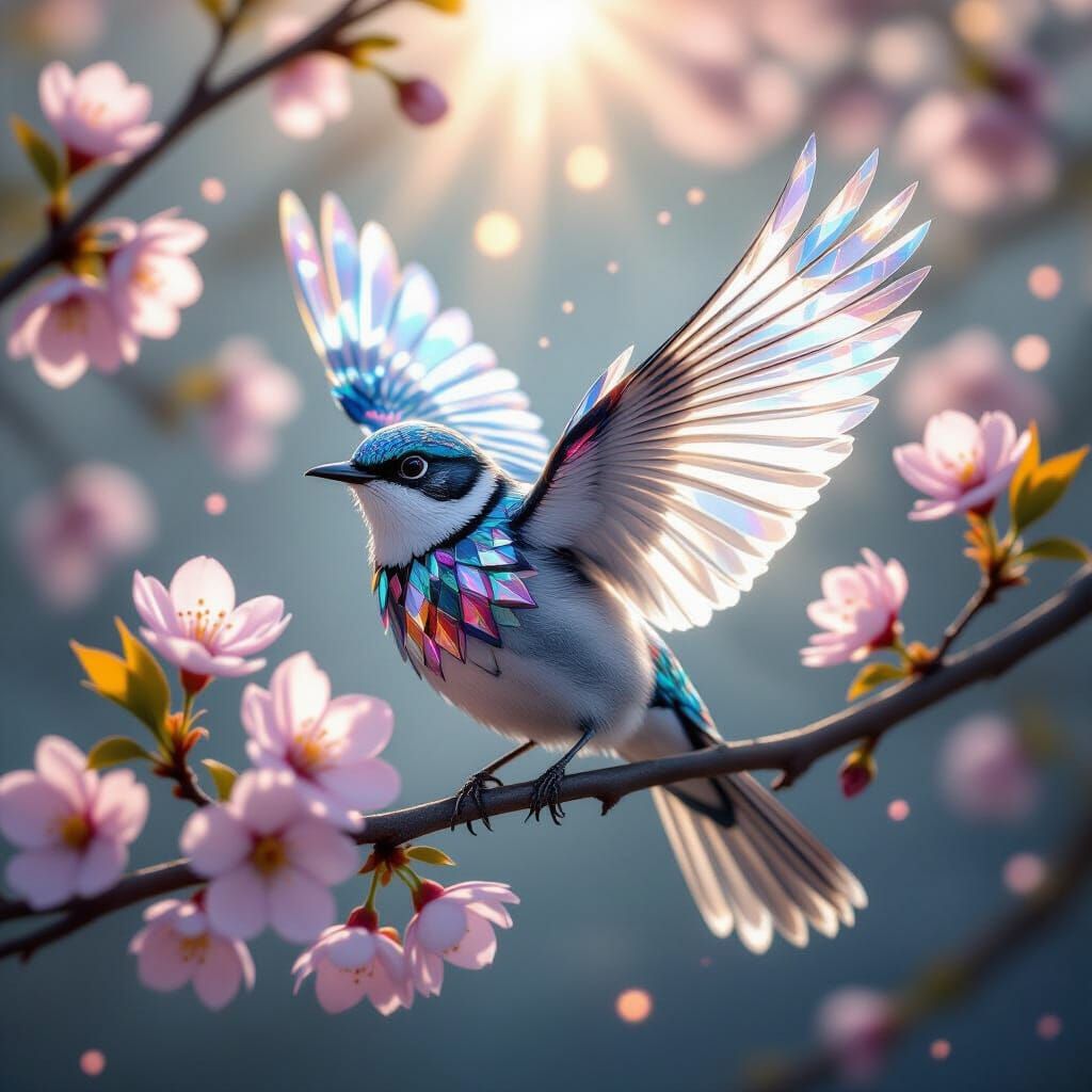 Crystal Bird Perched Among Cherry Blossoms