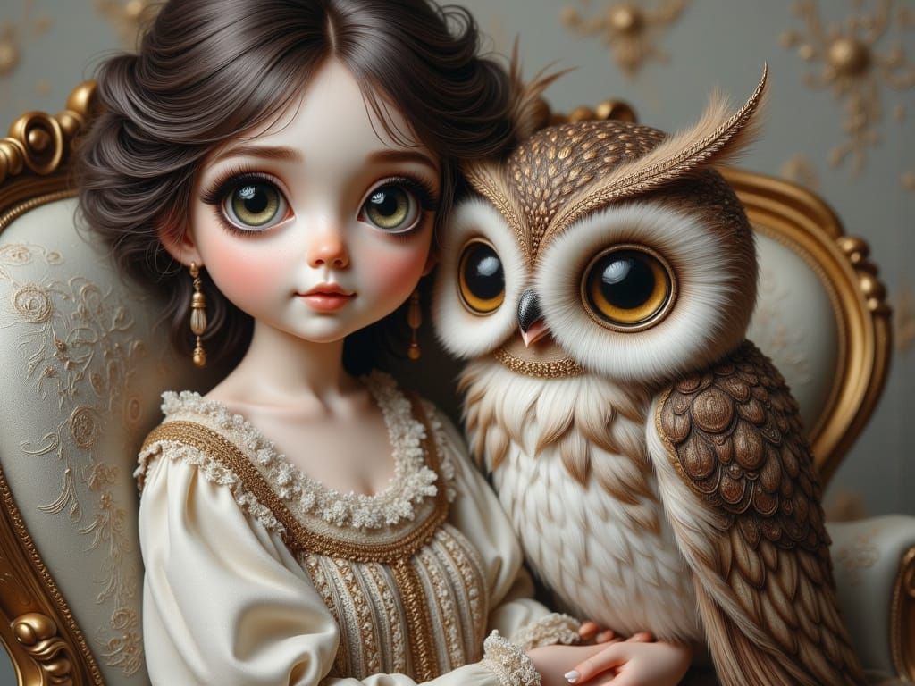 Victorian Woman with Owl in Style of James Jean