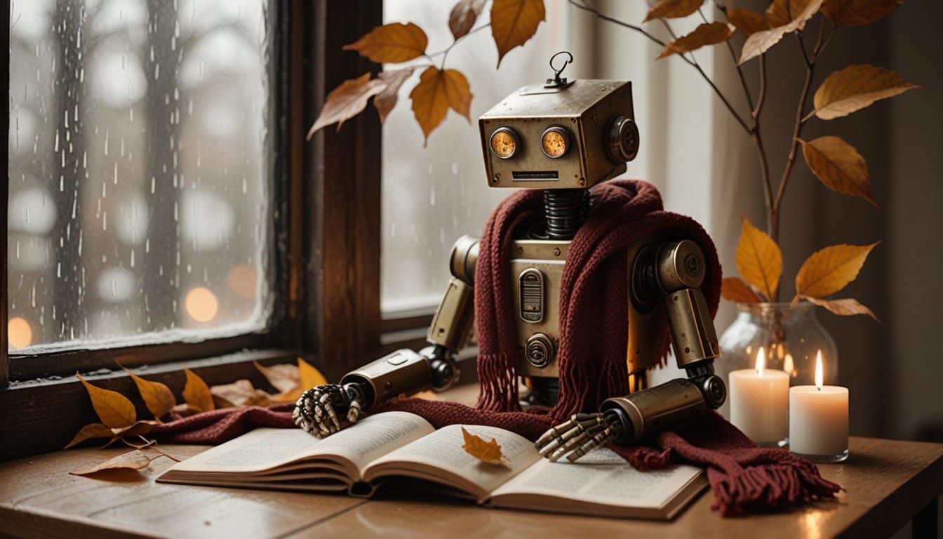 Retro Copper Robot With Scarf Sits By Rainy Window