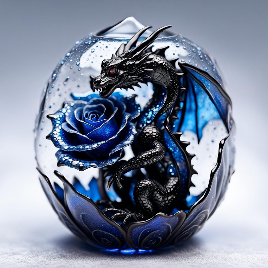 Glass Dragon in Blue Rose, Detailed Digital Art