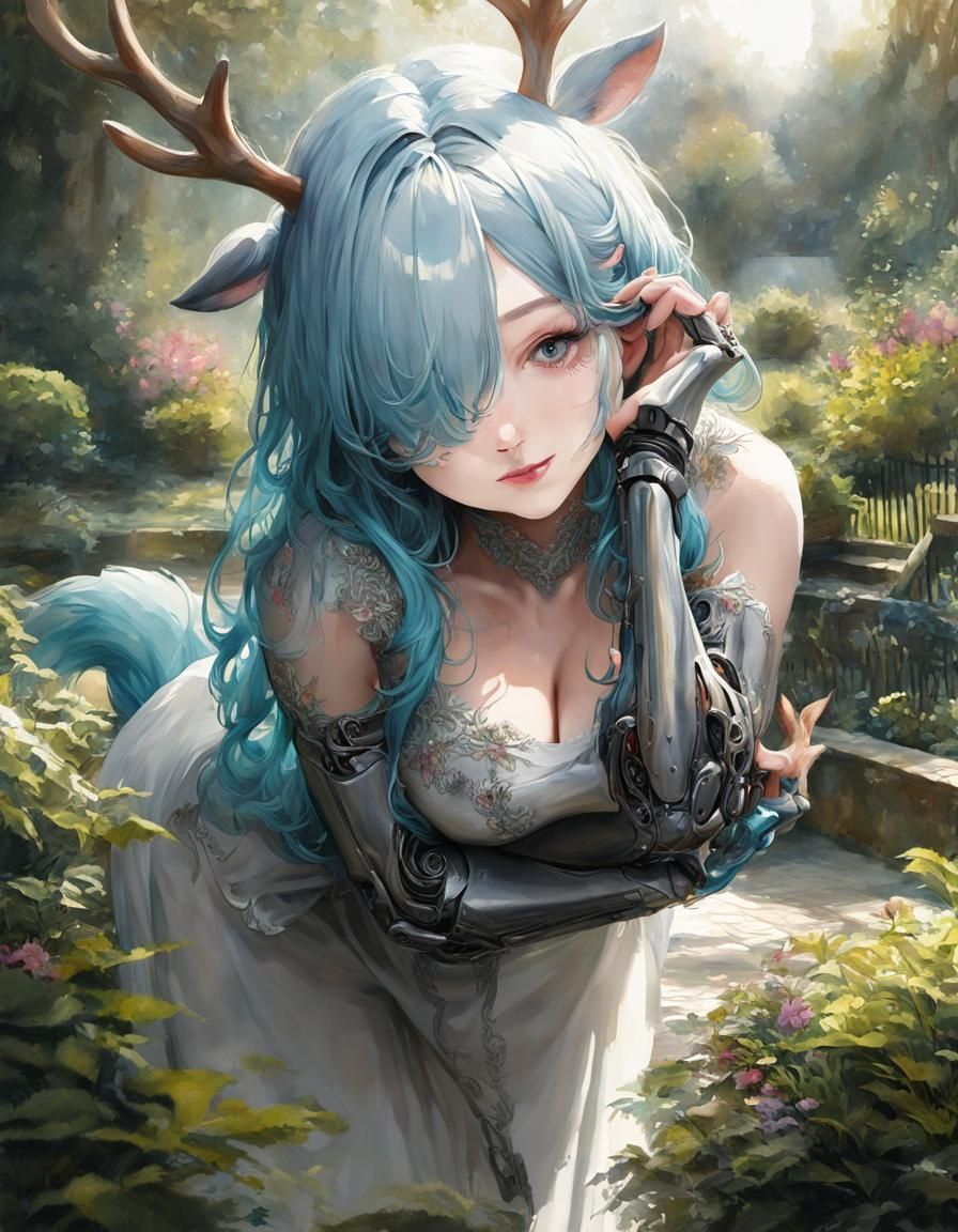 Watercolor Deer-Girl with Antlers in Garden