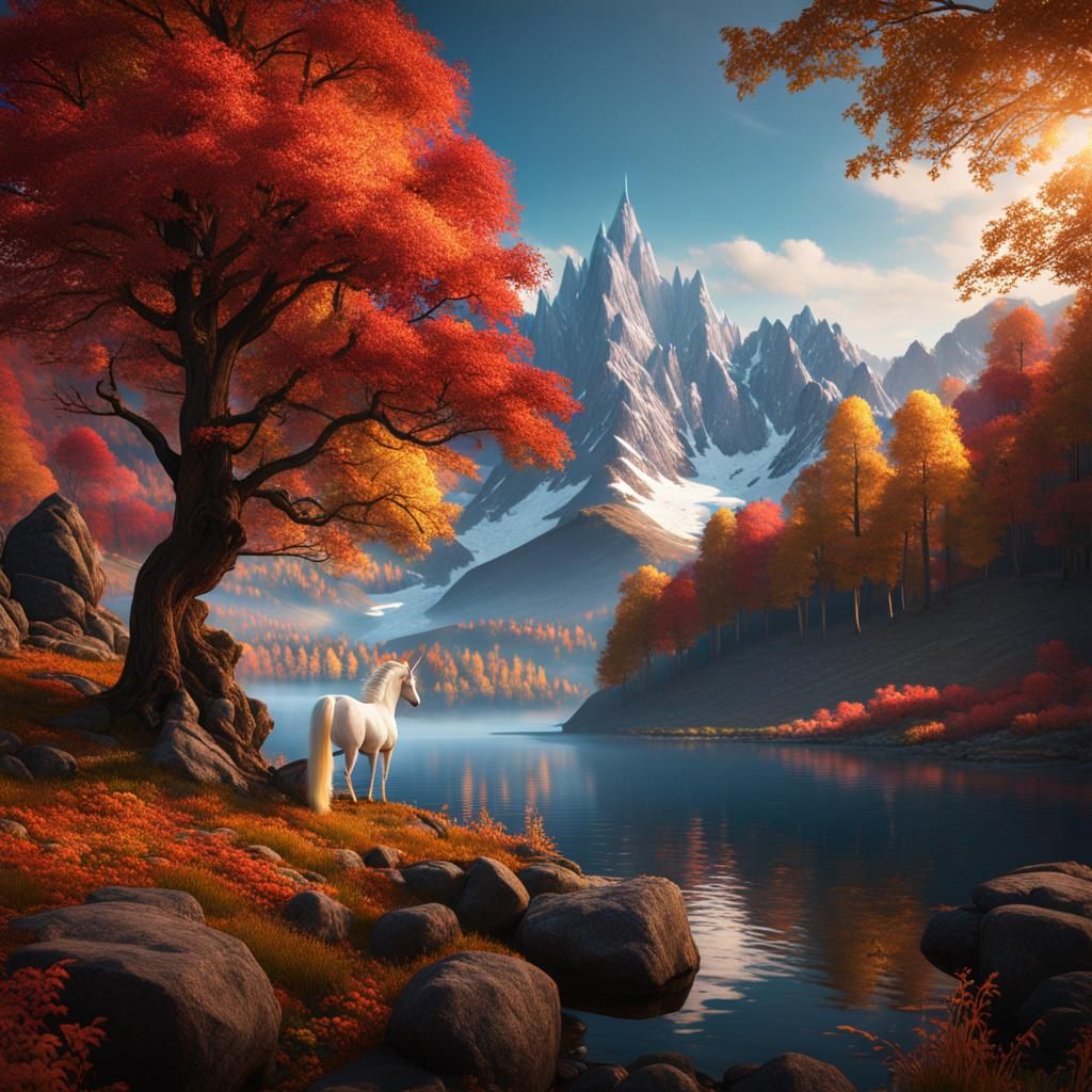 Unicorn Overlooking Lake with Mountains, Matte Painting