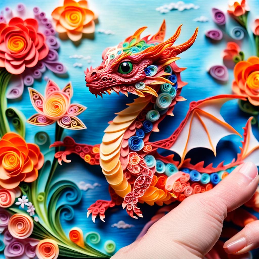 Quilled Dragon Burping Flame in Rosy Garden