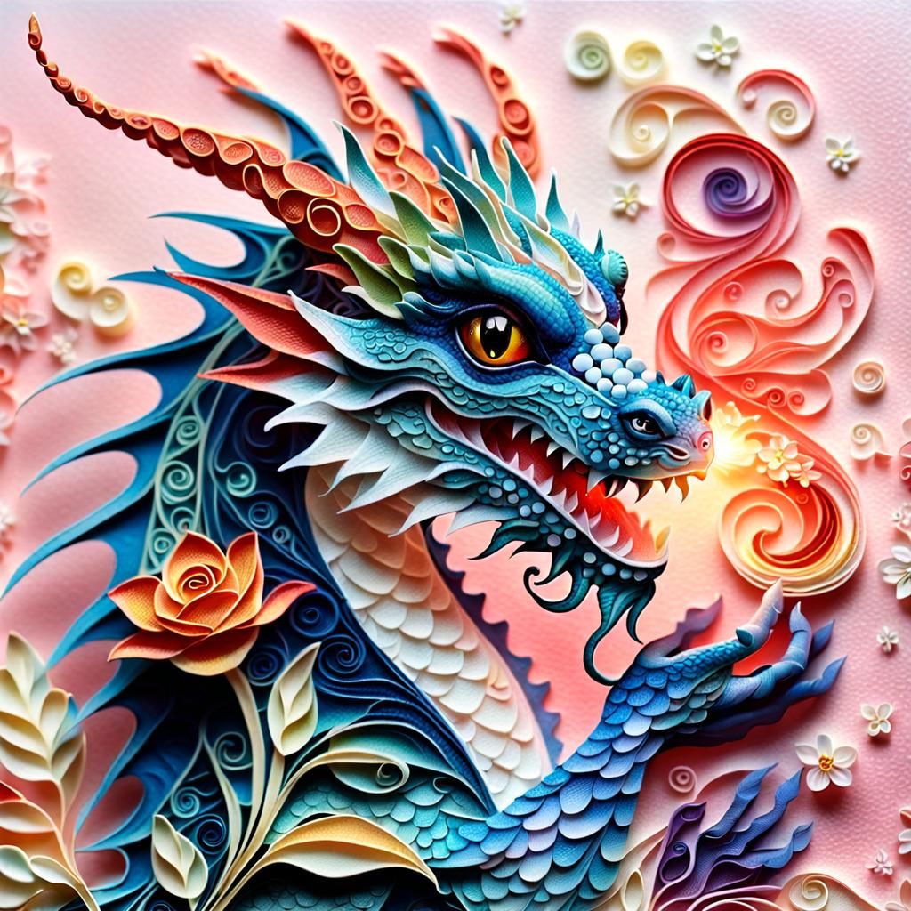 Tiny Dragon Burping Flame in Quilling Style