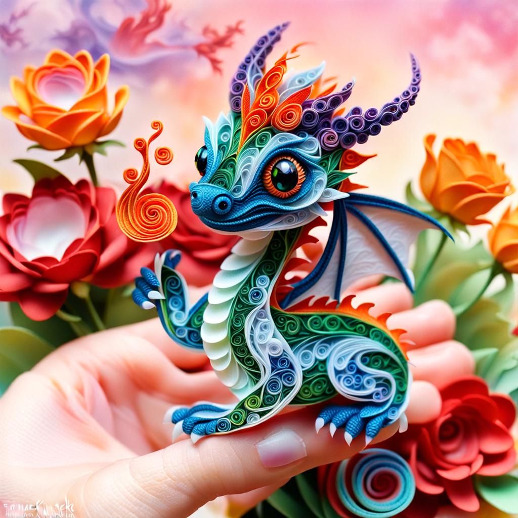 Tiny Dragon Burps Flame in Quilling Style