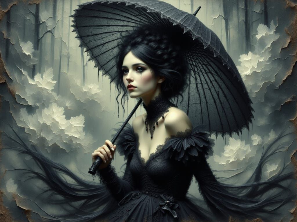 Gothic Fairy Portrait with Lace Parasol as Impasto Painting