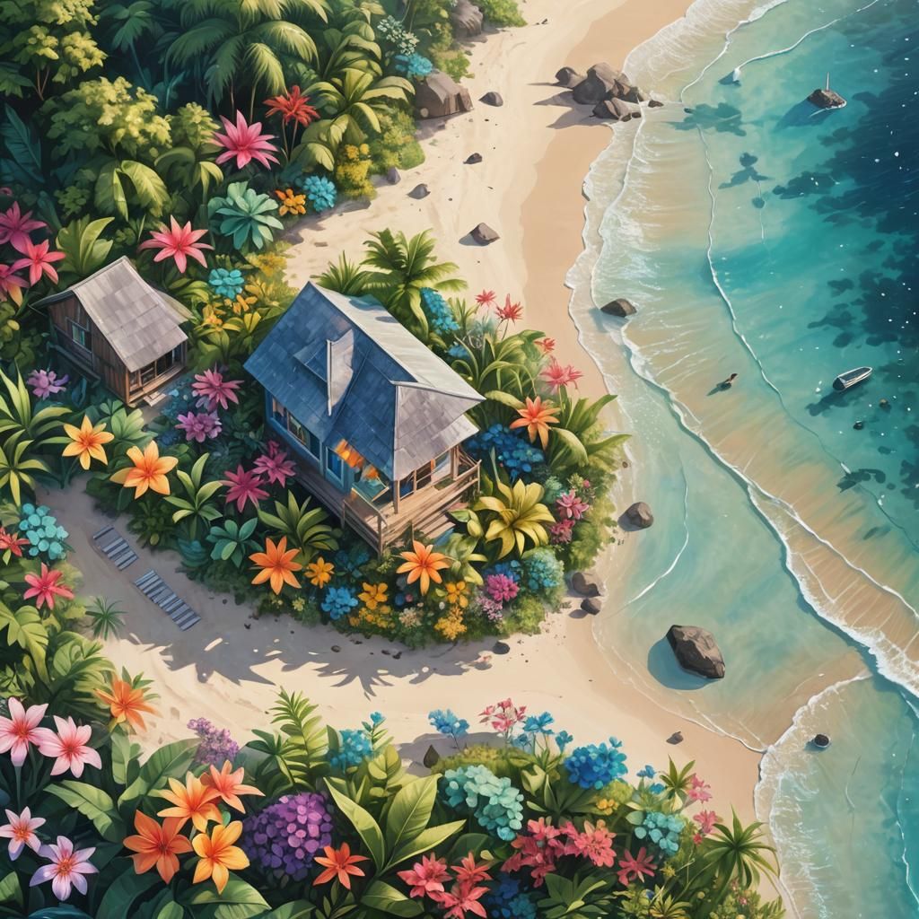 Beach Cottage in Cosmic Garden: Psychedelic Illustration