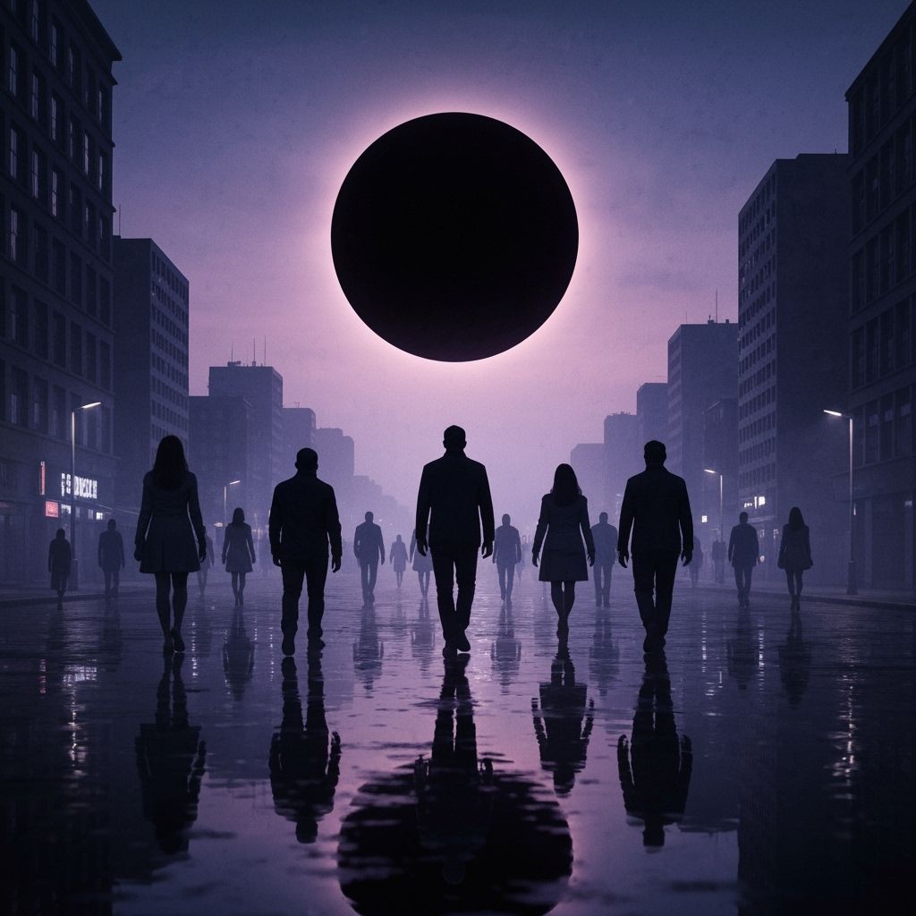 Surreal Twilight City with Backward Walking Figures