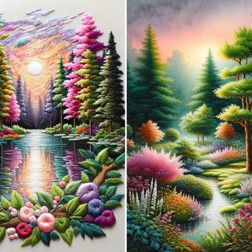 Vibrant Forest Lake Embroidery in Watercolor