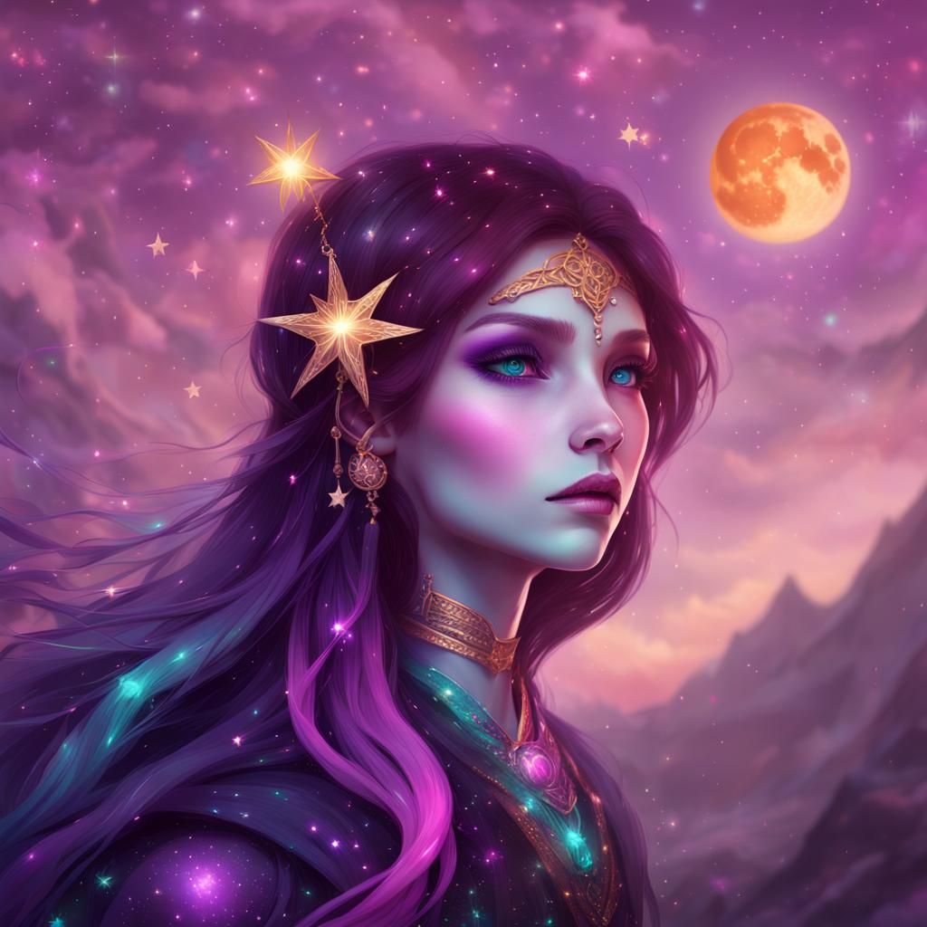 Celestial Sorceress with Stardust Hair in Digital Art