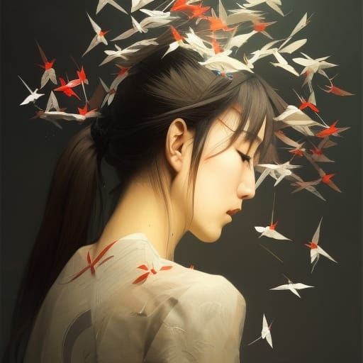 Beautiful Japanese Woman Surrounded by Paper Cranes