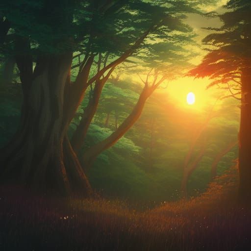 Sunset Forest in Anime Key Visual Style