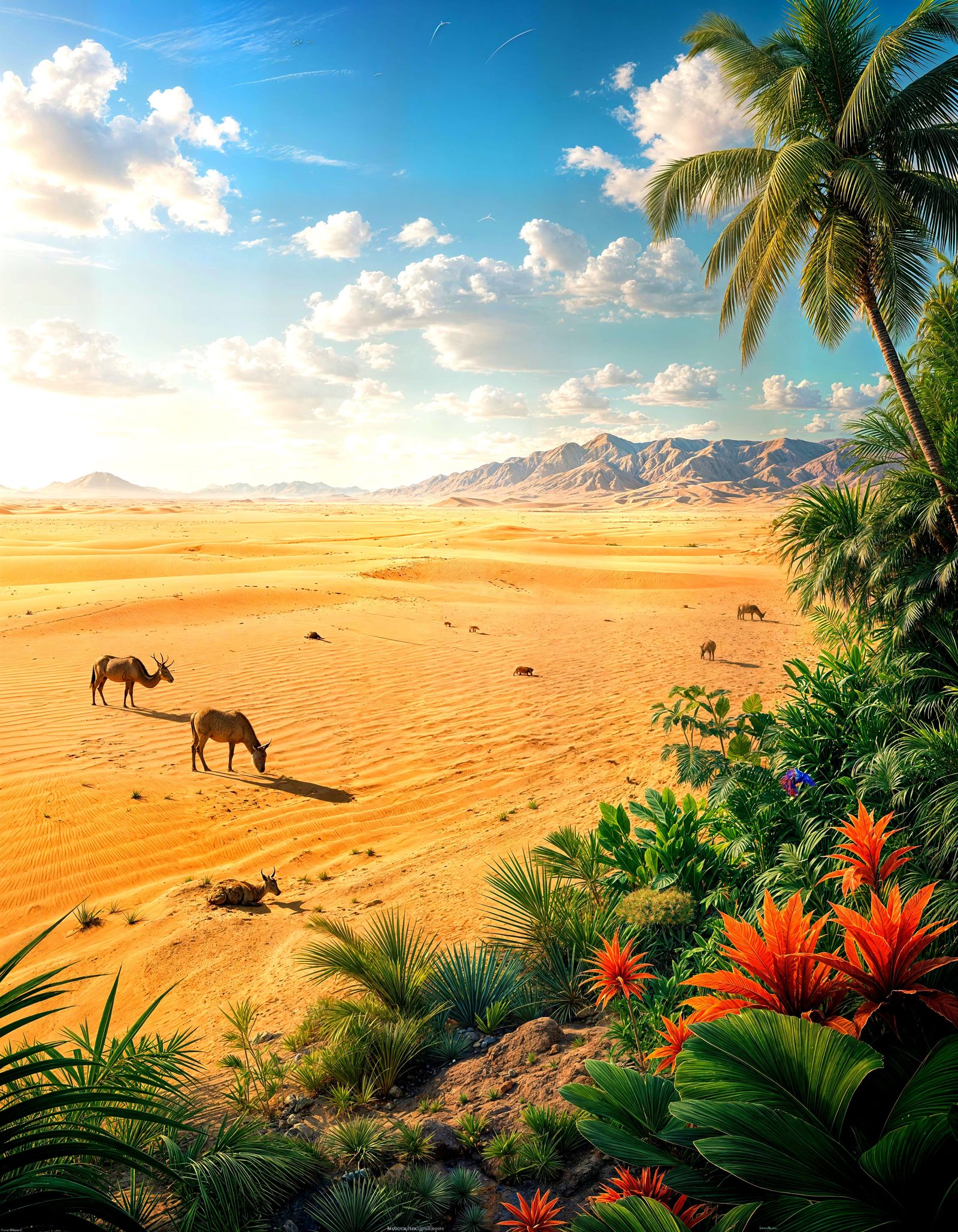 Vivid Desert Oasis: Hyperrealistic Contrast Art