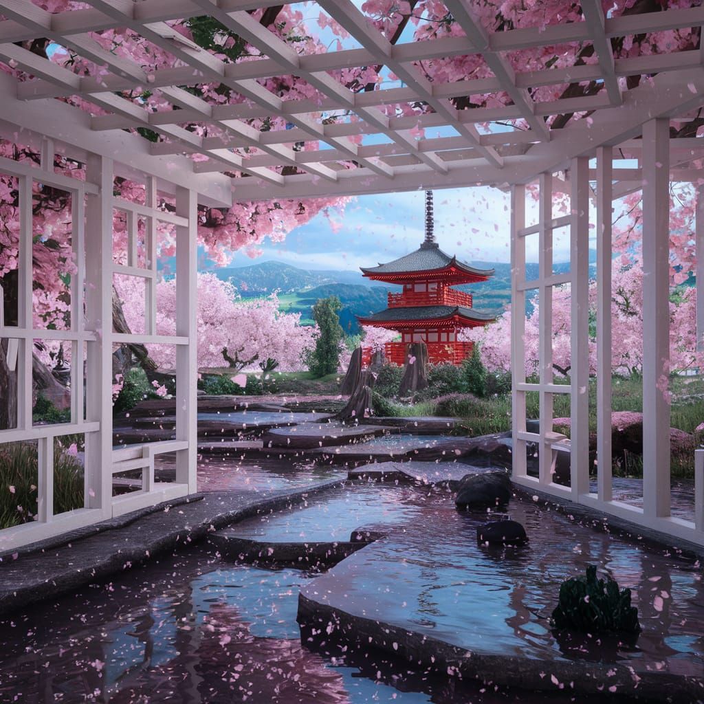 Zen Garden with Cherry Blossoms in Japanese Style