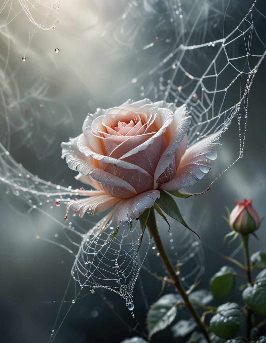 Ethereal Rose with Spiderweb Petals in Surreal Dreamscape