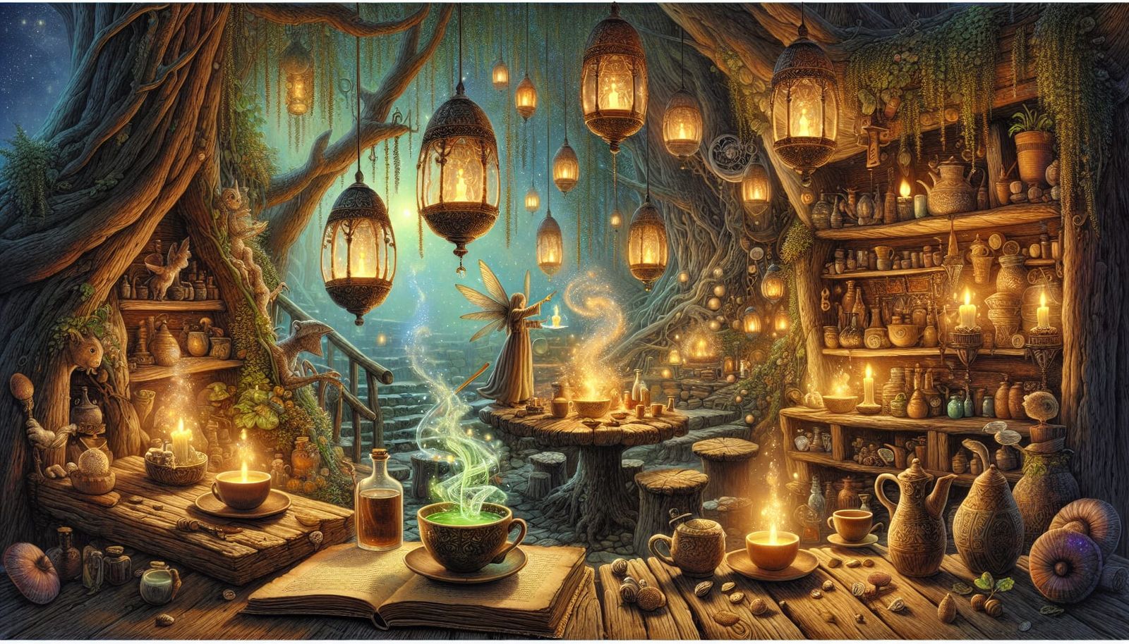 Enchanted Woodland Cafe With Mythical Beings and Magical Bre...